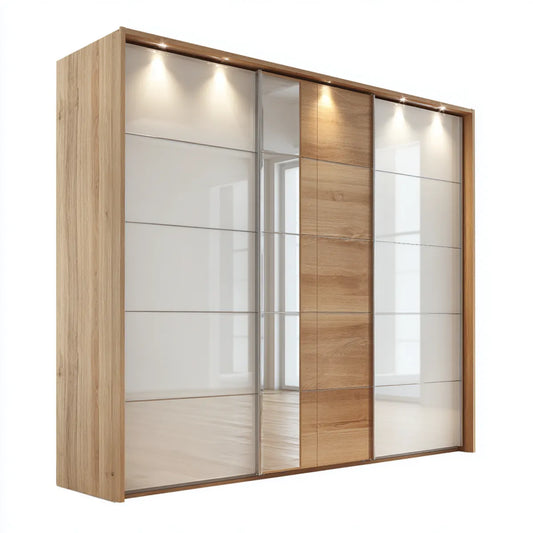 Szafa 3-drzwiowa przesuwne naturalny biały dąb z lusterkami 270 x 62 x 220 cm prostokątne płyty laminowane