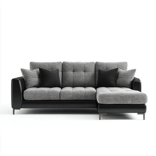 Sofa, 3 fotela w narożniku w kolorze czarnym i szarym, poliestrowa i skórzana, PU 260 x 160 x 88 cm